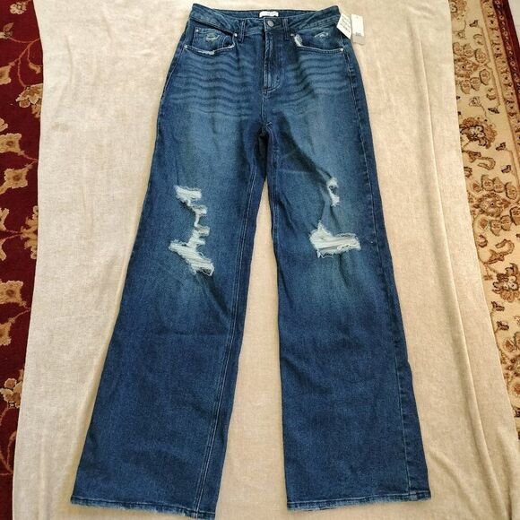 BP Wide Leg High Waisted Dark Wash Distressed Jeans NWT Size 28 - Picture 1 of 8